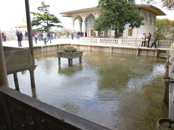 A water feature in the courtyard