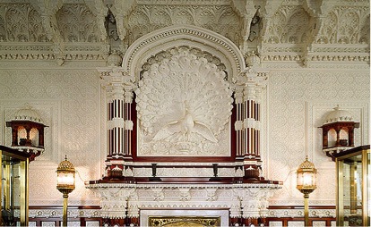 The chimneypiece and peacock over-mantel in the Durbar Room was completed in 1892. This unique room is richly decorated in the architectural styles of northern India, reflecting the queen’s status as Empress of India